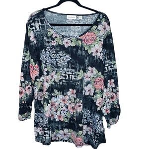 I.B. Diffusion Plus Size Floral Knit Blouse Rounded Neckline 3-4 Sleeve SZ 2X